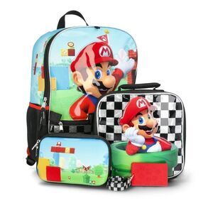 New Nintendo 17" Super Mario Backpack, Lunch Box, Gadget Case, and ID Holder 4pc